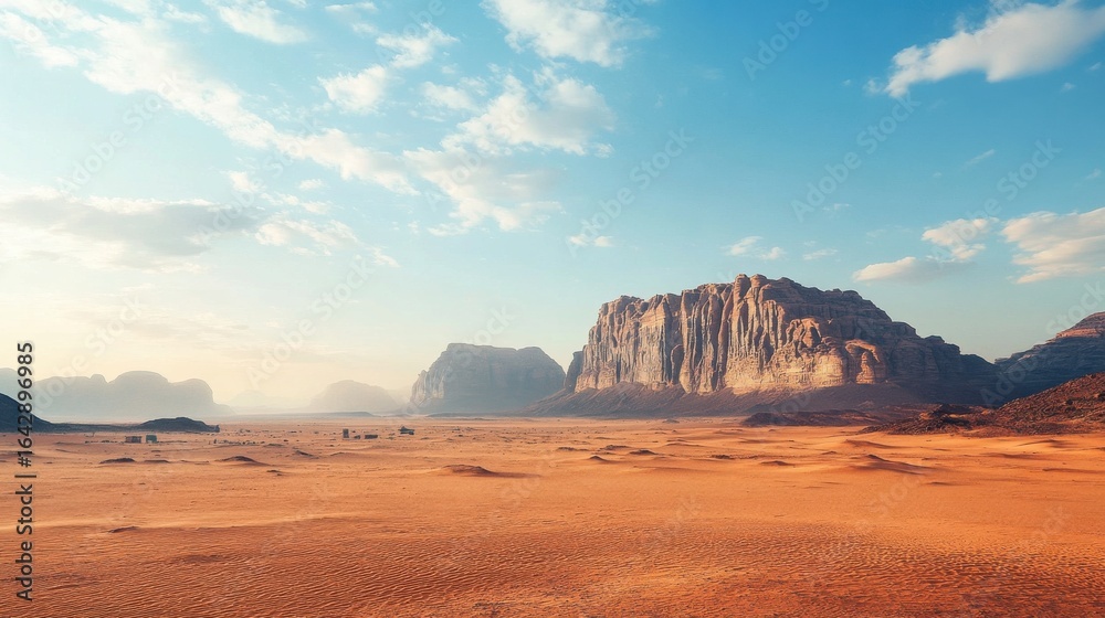 Naklejka premium Serene desert landscape with vast mountains under blue sky