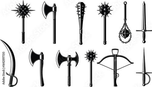 Medieval weapons collection, axes, swords, maces, crossbow, historical armory, black and white, vector illustration, detailed design, vintage combat tools