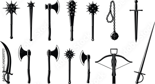 Medieval weapons set, swords, axes, maces, crossbows, ancient armory, fantasy combat tools, black silhouette, vector illustration, historical design, battle gear