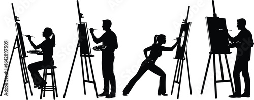 Silhouette of artists, painting on easels, creative art studio, diverse artistic expressions, painters at work, art class, artistic inspiration