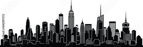 Silhouette of New York City skyline, Empire State Building, skyscrapers, urban architecture, iconic view, black shapes, isolated, white background