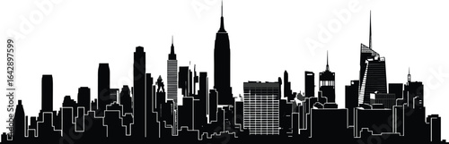 Silhouette of New York City skyline, skyscrapers, Empire State Building, urban architecture, black shapes, iconic view, isolated, white background