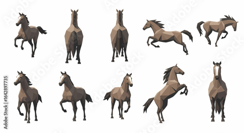 Collection of stylized horse figures in various poses, showcasing different actions and views.