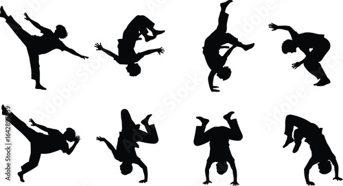 Silhouettes of acrobatic people in motion, martial arts, kicking, flipping, breakdancing, capoeira, gymnastics, dynamic poses, agility, black figures