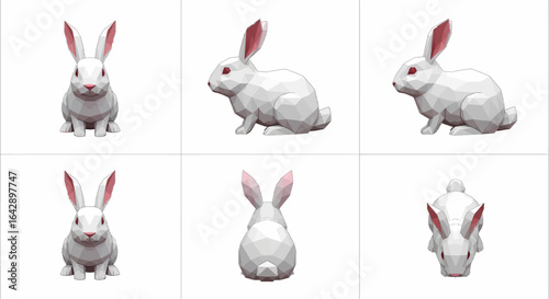Geometric white rabbit, multiple views, low-poly style, digital illustration, three-dimensional.