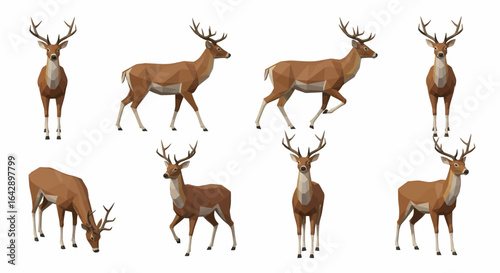 Eight stylized deer in various poses, showcasing different views and actions.