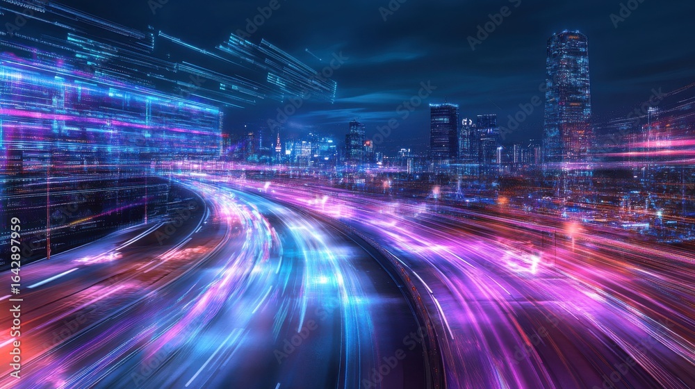 Obraz premium Futuristic cityscape at night with light trails and data streams