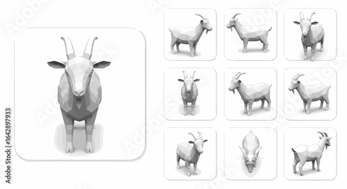 A collection of low-poly 3D rendered goats displayed from various angles, showcasing their form and structure.