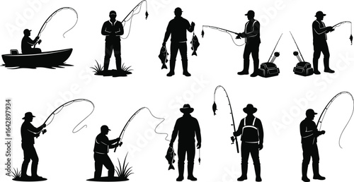 Silhouettes of fishermen, boat fishing, shore fishing, catching fish, fishing gear, fishing rods, outdoor adventure, angling, hobby, tackle box