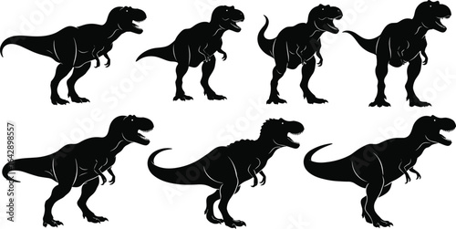 Silhouettes of Tyrannosaurus Rex dinosaurs, vector illustration, prehistoric animal graphics, black and white poses, Jurassic predator clipart, extinct reptile design