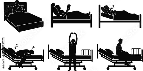 Various bed positions, sleeping, reading, hospital care, patient wellness, stretching, silhouette illustration, healthcare activity, rest, medical posture, vector design