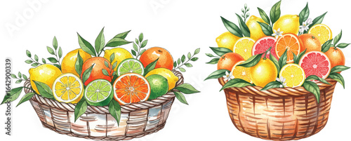 Watercolor Illustration: Hand-Drawn Baskets Filled with Fresh Tropical Citrus