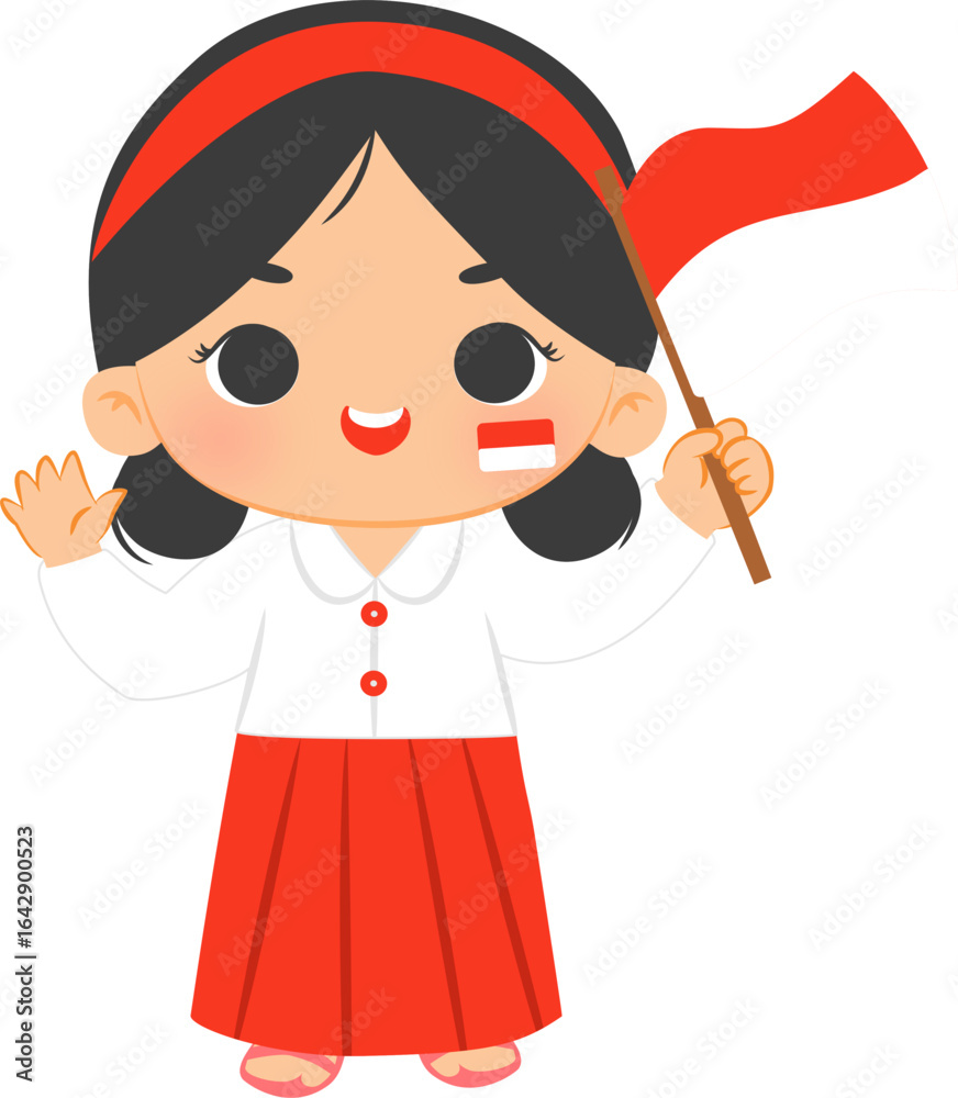 Fototapeta premium Illustration of Girl Holding Indonesian Flag 