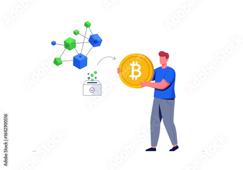 Man showcases bitcoin from blockchain and crypto donations. Ideal for finance, technology, and investment concepts in design projects.