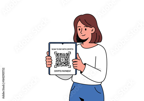 Digital payment concept with woman, tablet, and crypto qr code. Suitable for cryptocurrency blogs, fintech articles, and online payment designs.