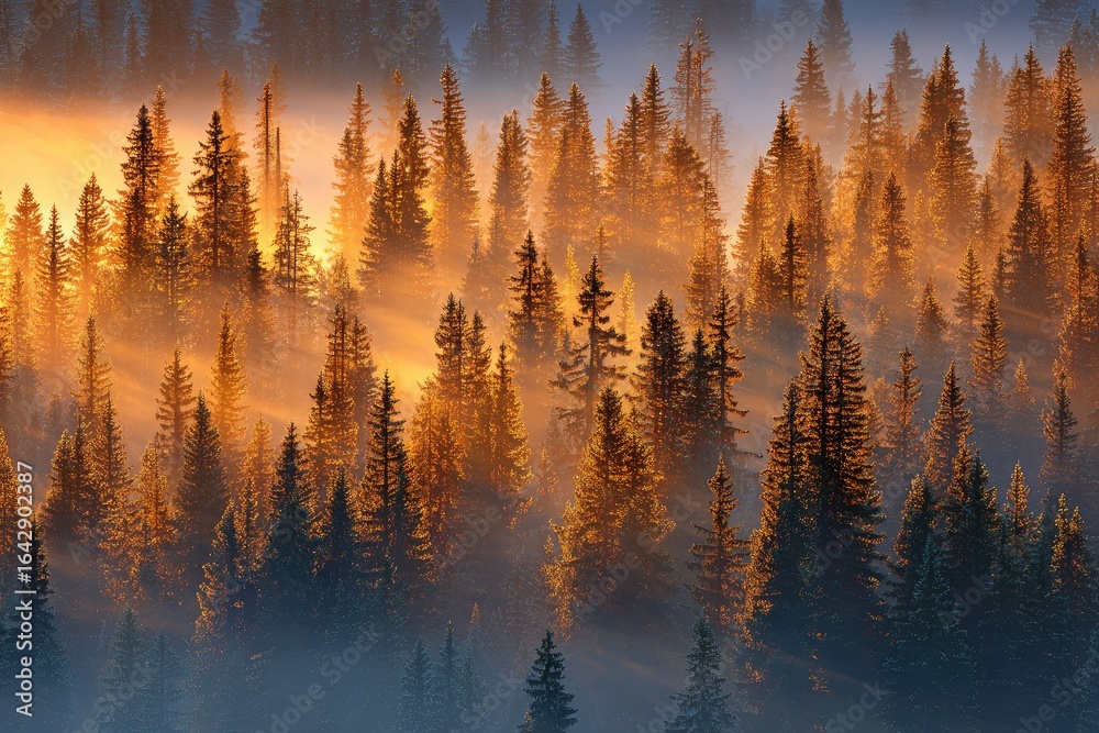 Obraz premium Golden sunbeams through a misty pine forest