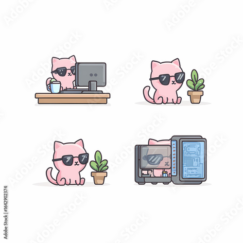Cool Cat Developer: A collection of illustrations featuring a cute pink cat wearing sunglasses in various technology-related scenarios
