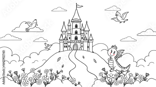 Whimsical cartoon fantasy castle on a hilltop with a winding path, flying birds, and a friendly dragon, outline.