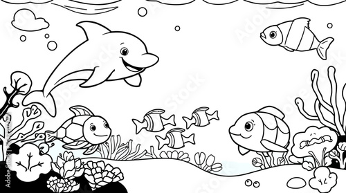 Playful cartoon dolphin and various fish swimming among coral and seaweed on the ocean floor, outline drawing.