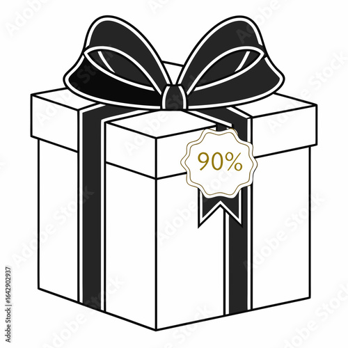 Gift box with a black ribbon and a 90% off sale tag