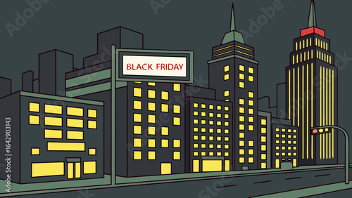 Black Friday sign and buildings silhouette at night