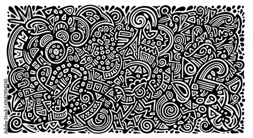 Intricate Black and White Tribal Doodle Art with Swirling Patterns and Motifs