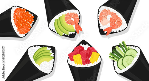 Delicious Assorted Temaki Sushi Cones with Fresh Ingredients on a White Background