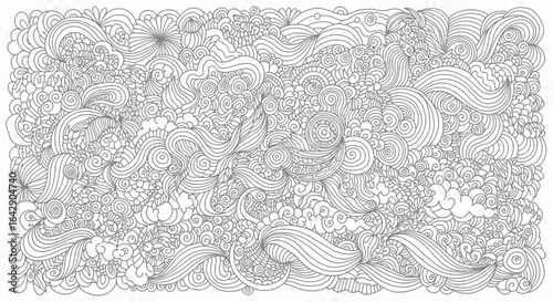 Intricate doodle art featuring swirling lines, waves, and dotted textures creating a complex abstract pattern