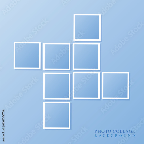 Light blue background with white framed photo collage template for nine images