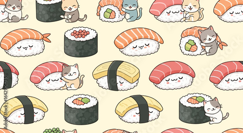 Charming doodle-style repeating pattern showcasing cute sushi and furry cat companions in a playful arrangement