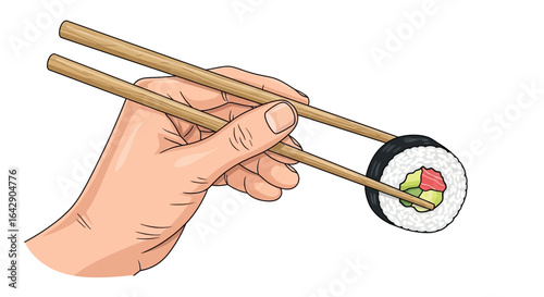 Cartoon hand using chopsticks to hold a piece of sushi roll, a Japanese food delicacy