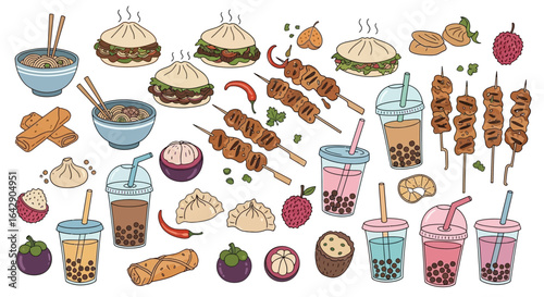 Delicious Asian Street Food Doodle Vector Illustration