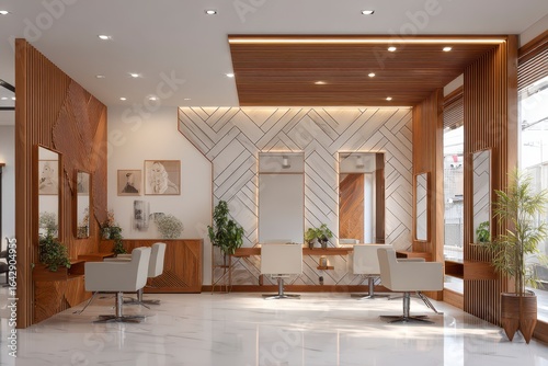 Modern salon interior with light wood, white accents, and salon chairs