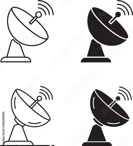 Set of Satellite Dish Icons in Outline and Solid Styles for Communication