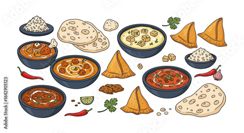 A delightful doodle vector assortment of traditional Indian cuisine, curries, and spices, presented on a white background