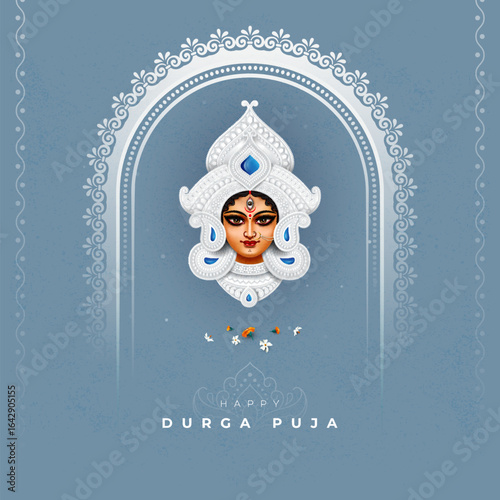 Happy Durga Puja Template Design with Goddess Durga Face Illustration