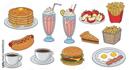 A doodle vector collection of classic American diner food and drinks, on a white background