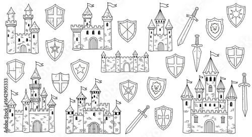 A doodle vector collection of assorted medieval castles, knight shields, and swords, perfect for coloring or historical themes