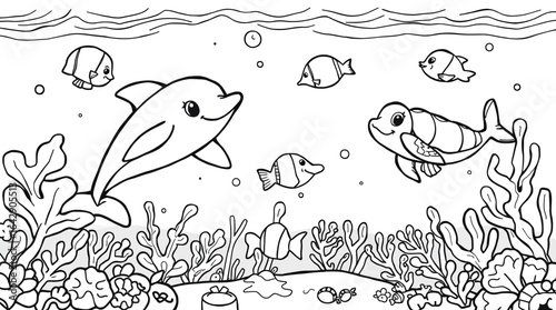 Happy Cartoon Dolphin, Fish, and Turtle Swimming in a Detailed Underwater Ocean Ecosystem
