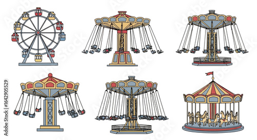 Amusement Park Rides Vector Illustration Ferris Wheel, Carousel, and Swings