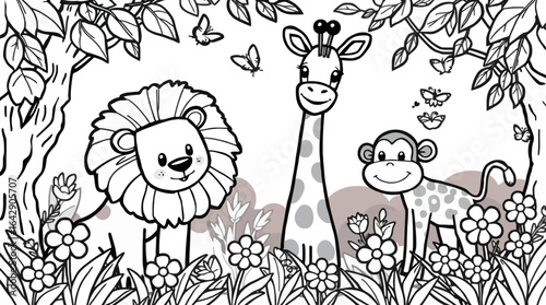 Happy Cartoon Lion, Giraffe, and Monkey Standing in a Dense Jungle with Foliage and Butterflies