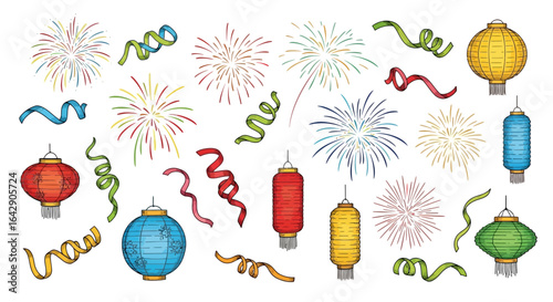 Hand-drawn collection of vibrant Chinese lanterns, dazzling fireworks, and festive party streamers for celebrations