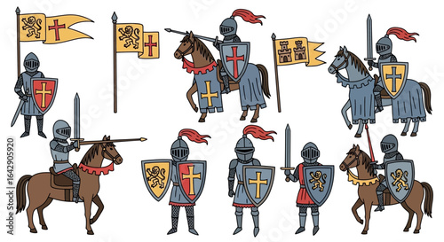 Vector collection of cartoon medieval knights, armored warriors with flags, shields, and horses for historical themes