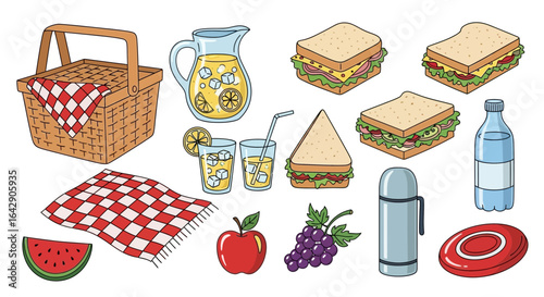 A colorful doodle vector collection of picnic items like sandwiches, fruit, and lemonade