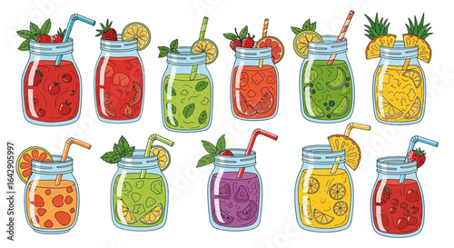 A vibrant doodle vector collection of fruit smoothies and juices served in decorated glass jars