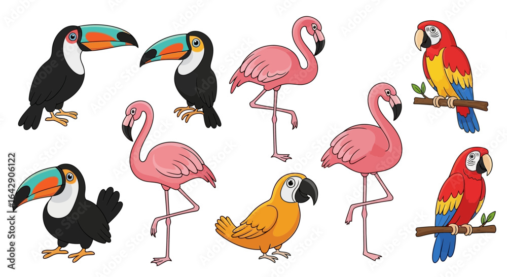 Obraz premium A cute cartoon doodle collection of exotic jungle birds like toucans, flamingos, and parrots