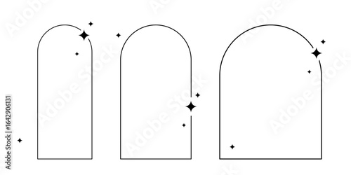 Line arch abstract pattern, y2k frames with stars. Modern boho elements with retro borders