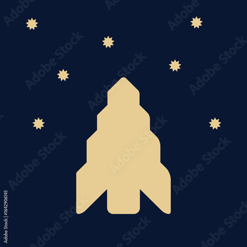 Golden Christmas tree icon with stars. Xmas holiday pine silhouette, Christmas tree flat