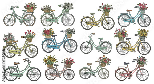 Vintage Bicycle Flower Basket Doodle Collection