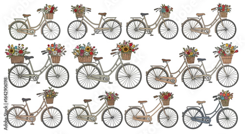 Artistic doodle collection of vintage bicycles, each featuring a charming basket filled with colorful fresh flowers, on white